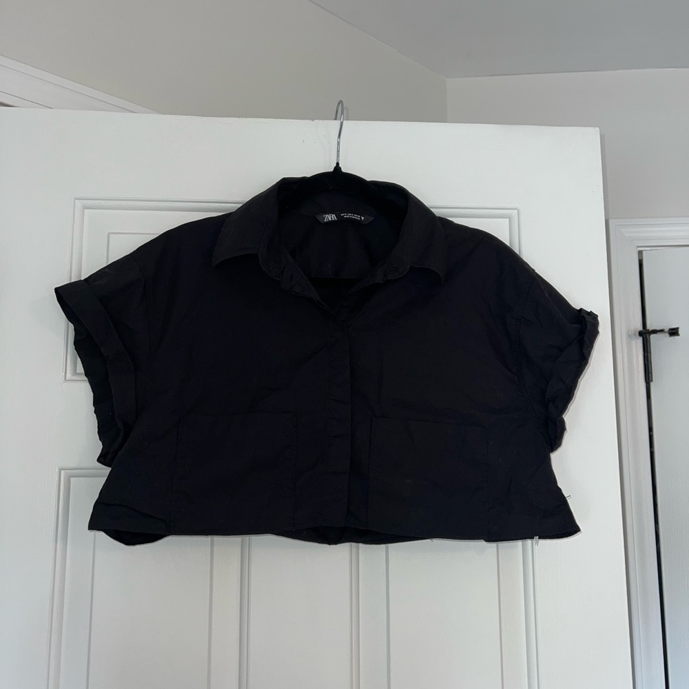 Zara Black Boxy Crop Polo Button Down Shirt